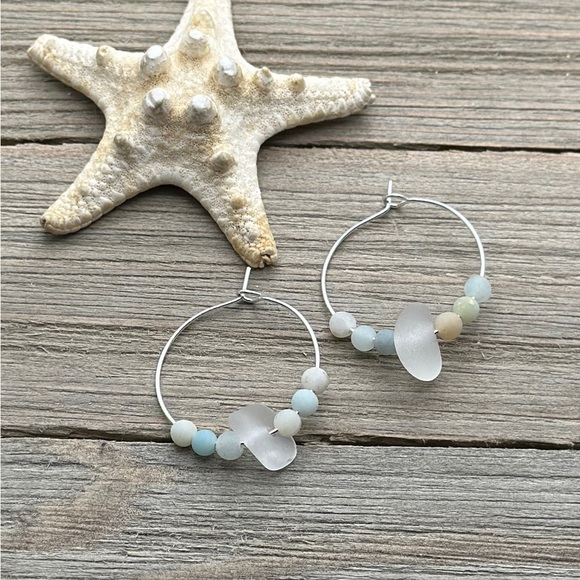 Sea Glass Earrings Boho Hoop| Genuine Seaglass| Beach Jewelry Gift For Her - Picture 2 of 6